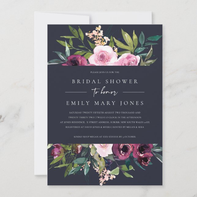 NAVY BLUSH BURGUNDY FLORAL BUNCH BRIDAL SHOWER INVITATION (Front)