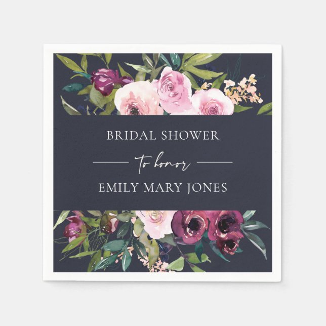 NAVY BLUSH BURGUNDY FLORAL BUNCH BRIDAL SHOWER NAPKINS (Front)