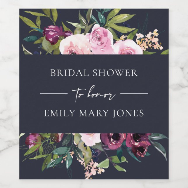NAVY BLUSH BURGUNDY FLORAL BUNCH BRIDAL SHOWER WINE LABEL (Single Label)