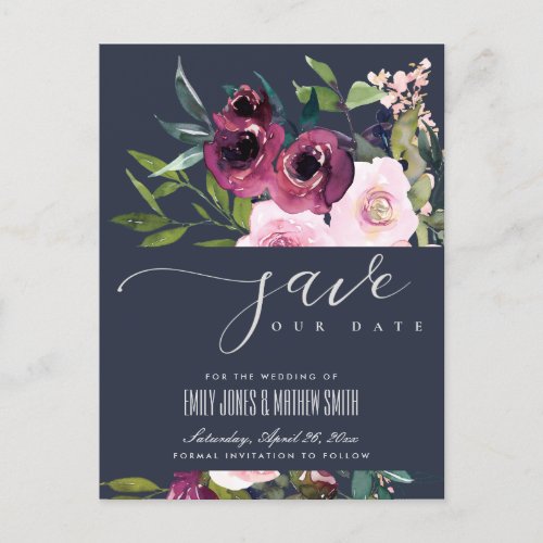 NAVY BLUSH BURGUNDY FLORAL BUNCH SAVE THE DATE ANNOUNCEMENT POSTCARD