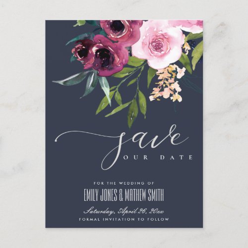 NAVY BLUSH BURGUNDY FLORAL BUNCH SAVE THE DATE ANNOUNCEMENT POSTCARD