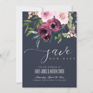 NAVY BLUSH BURGUNDY FLORAL BUNCH WEDDING SAVE THE DATE
