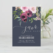 NAVY BLUSH BURGUNDY FLORAL BUNCH WEDDING SAVE THE DATE (Standing Front)