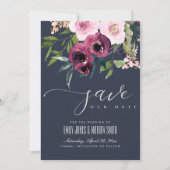 NAVY BLUSH BURGUNDY FLORAL BUNCH WEDDING SAVE THE DATE (Front)