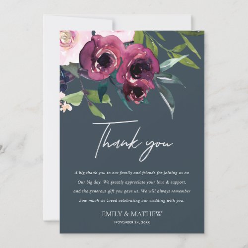 NAVY BLUSH BURGUNDY FLORAL BUNCH WEDDING THANK YOU INVITATION