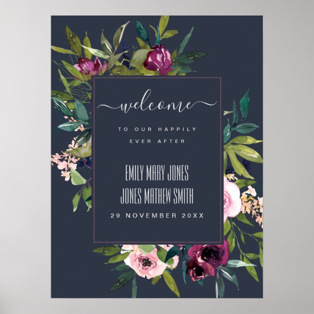 NAVY BLUSH BURGUNDY FLORAL BUNCH WEDDING WELCOME POSTER (Front)