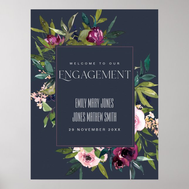 NAVY BLUSH BURGUNDY FLORAL ENGAGEMENT WELCOME POSTER (Front)