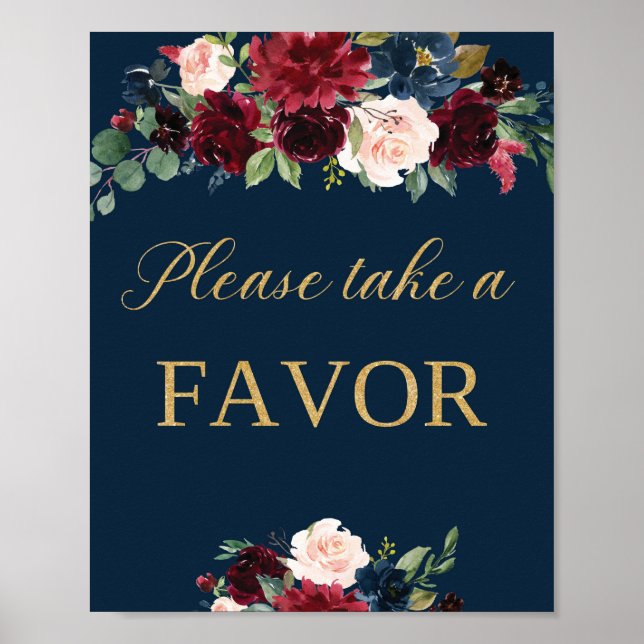 Navy blush burgundy floral favor wedding sign (Front)