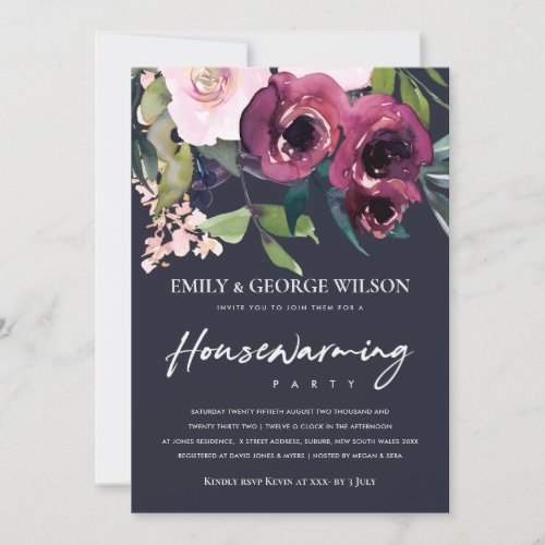 NAVY BLUSH BURGUNDY FLORAL HOUSEWARMING PARTY INVITATION