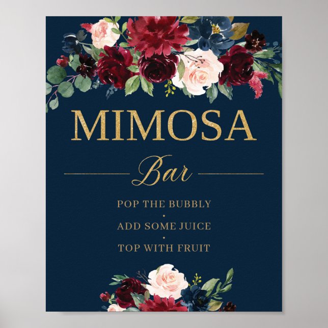 Navy blush burgundy floral mimosa bar wedding sign (Front)