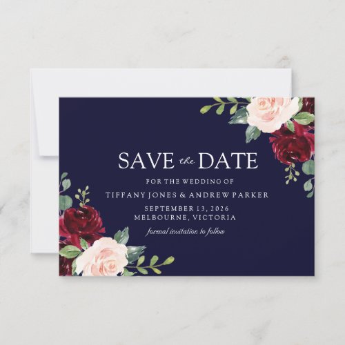 Navy Blush  Burgundy Floral Watercolor Save The Date