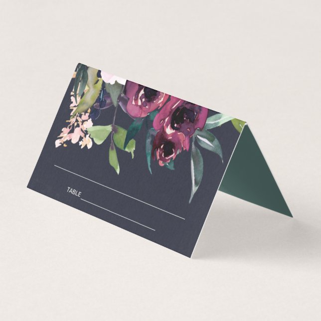 NAVY BLUSH BURGUNDY FLORAL WEDDING PLACE CARDS (Front)
