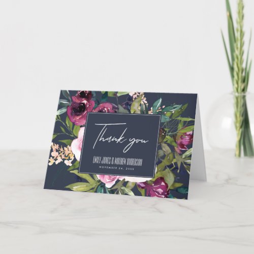 NAVY BLUSH BURGUNDY GREEN FLORAL BUNCH WEDDING THANK YOU CARD