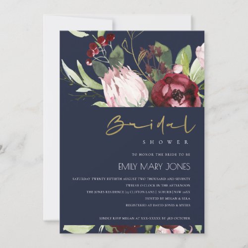 NAVY BLUSH BURGUNDY PROTEA FLORAL BRIDAL SHOWER INVITATION