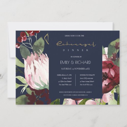 NAVY BLUSH BURGUNDY PROTEA FLORAL REHEARSAL DINNER INVITATION