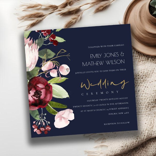 NAVY BLUSH BURGUNDY PROTEA PEONY FLORAL WEDDING INVITATION (Creator Uploaded)