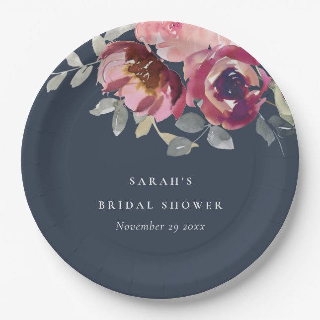 NAVY BLUSH BURGUNDY ROSE FLORAL BRIDAL SHOWER PAPER PLATES (Front)