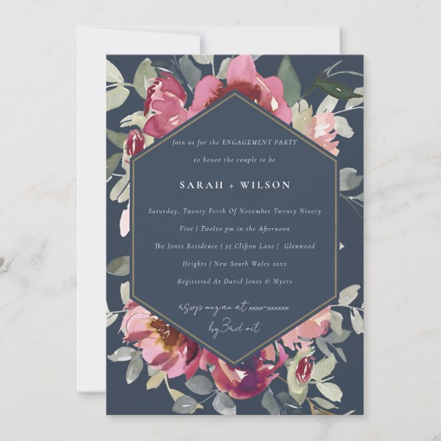 NAVY BLUSH BURGUNDY ROSE FLORAL ENGAGEMENT INVITE (Front)