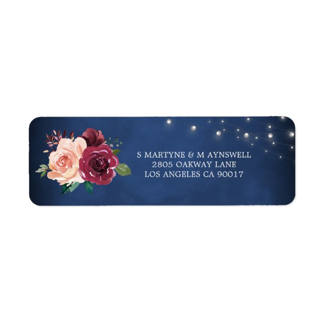 Navy Blush Burgundy Rose Lights Wedding Address Label (Front)