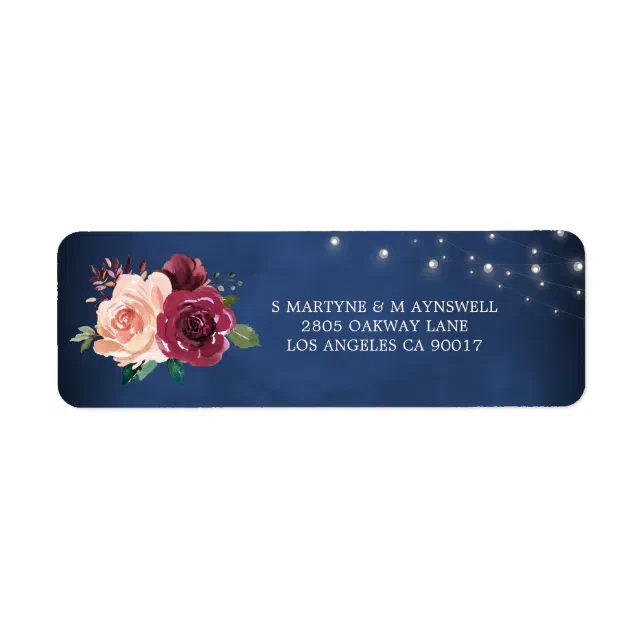 Navy Blush Burgundy Rose Lights Wedding Address Label | Zazzle