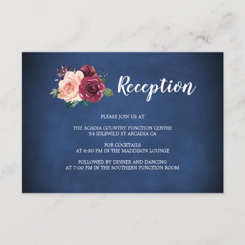 Navy Blush Burgundy Roses Floral Wedding Reception Enclosure Card