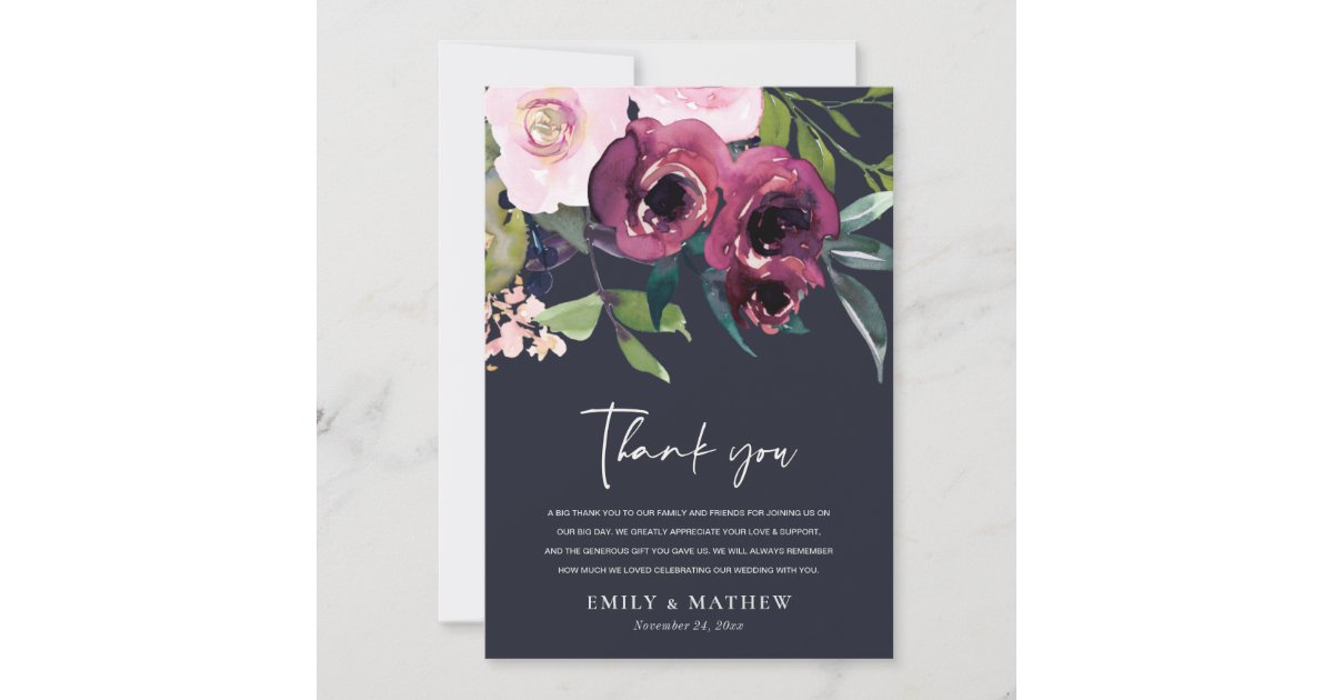 NAVY BLUSH BURGUNDY WATERCOLOR FLORAL BUNCH THANK YOU CARD | Zazzle