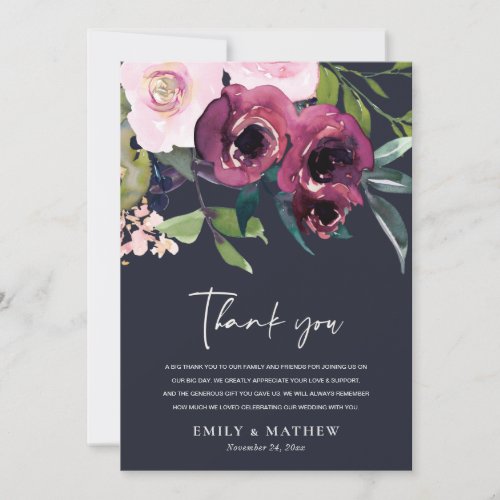 NAVY BLUSH BURGUNDY WATERCOLOR FLORAL BUNCH THANK YOU CARD