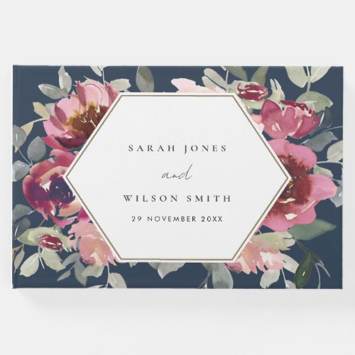 NAVY BLUSH BURGUNDY WATERCOLOR FLORAL WEDDING GUEST BOOK