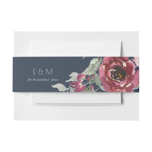 NAVY BLUSH BURGUNDY WATERCOLOR FLORAL WEDDING INVITATION BELLY BAND