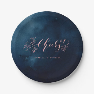 Navy blush calligraphy cheers rustic floral party paper plates
