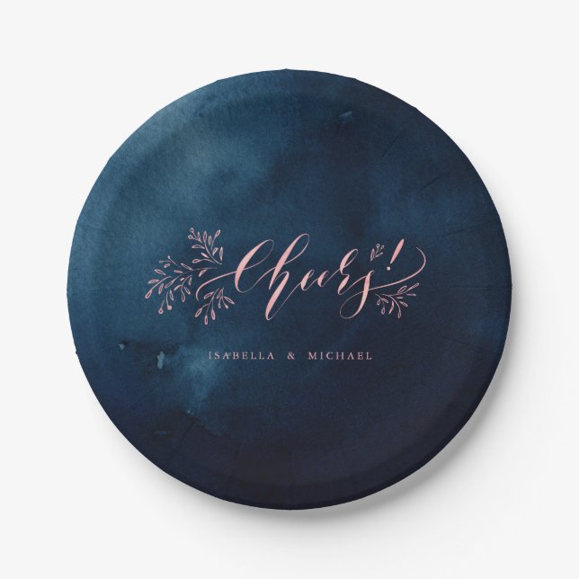 Navy blush calligraphy cheers rustic floral party paper plates (Front)
