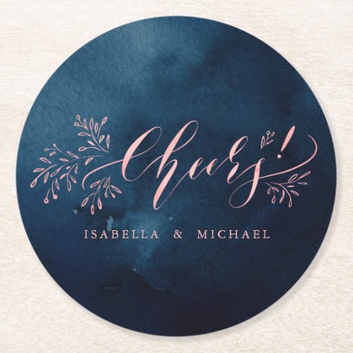 Navy blush calligraphy cheers rustic floral party round paper coaster