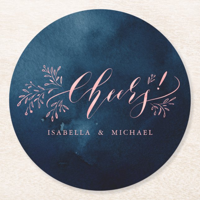 Navy blush calligraphy cheers rustic floral party round paper coaster (Front)