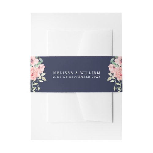 Navy Blush Coral Floral Wedding Invitation Belly Band