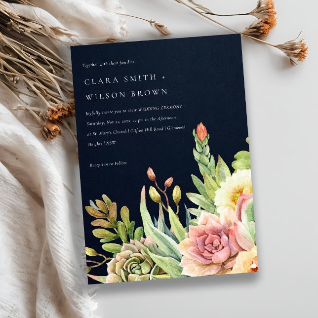 NAVY BLUSH DESERT SUCCULENT CACTI FOLIAGE WEDDING INVITATION (Creator Uploaded)