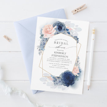Navy Blush Dusty Blue Floral Modern Bridal Shower Invitation by lovelywow at Zazzle