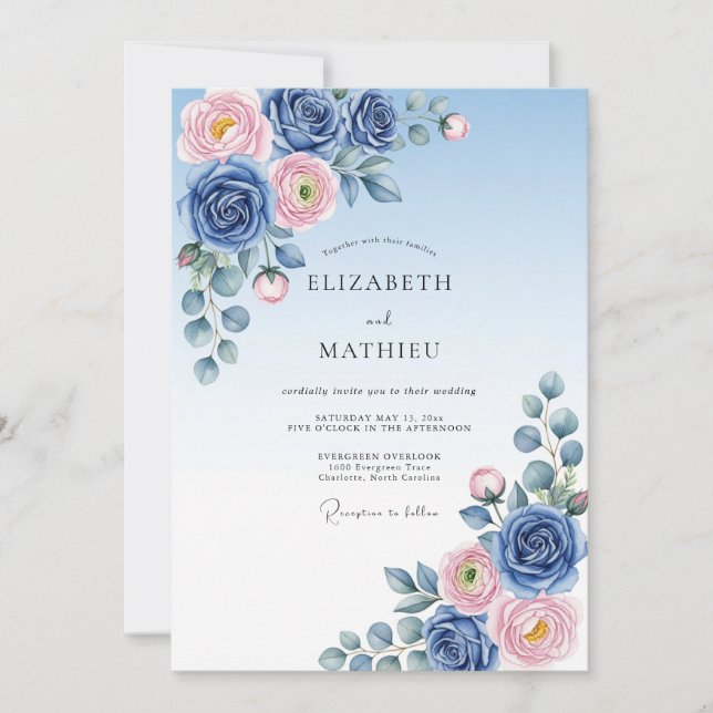 Navy Blush Ethereal Spring Wedding Invitation (Front)
