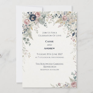 Navy Blush Eucalyptus Floral Wedding Invitation