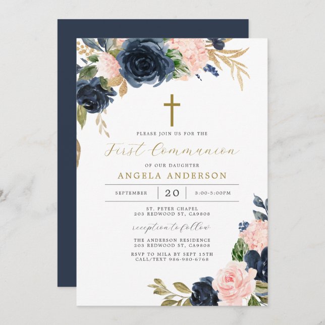 Navy Blush First Communion Invitation (Front/Back)
