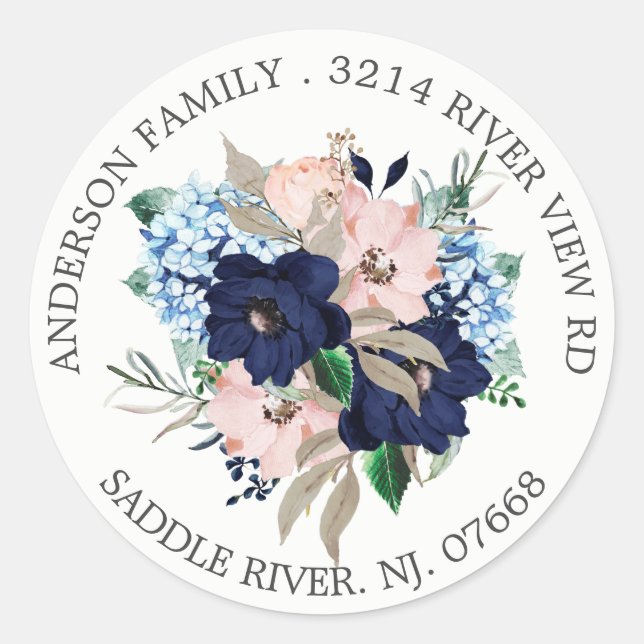 Navy & Blush Floral Address Label Sticker (Front)