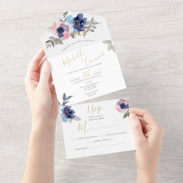 Navy & Blush Floral All in One Wedding Invite (Tearaway)
