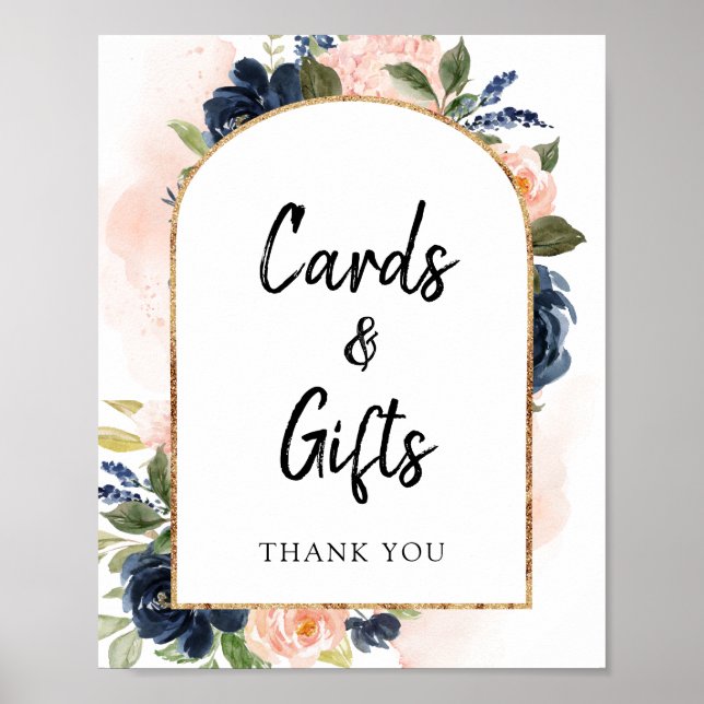 Navy Blush Floral Arch Frame Cards and Gifts Sign (Front)