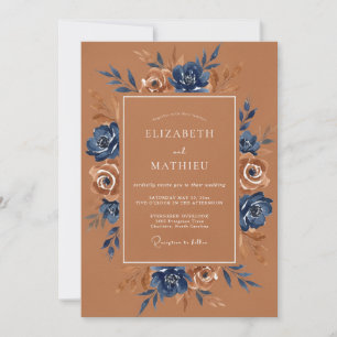 Navy Blush Floral Autumn Wedding Invitation