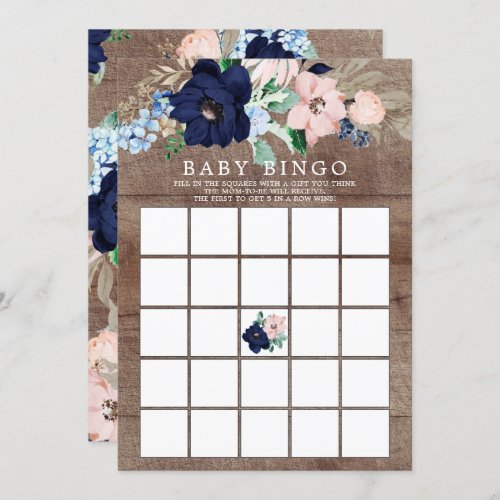 Navy  Blush Floral BINGO Baby Shower Game Invitation