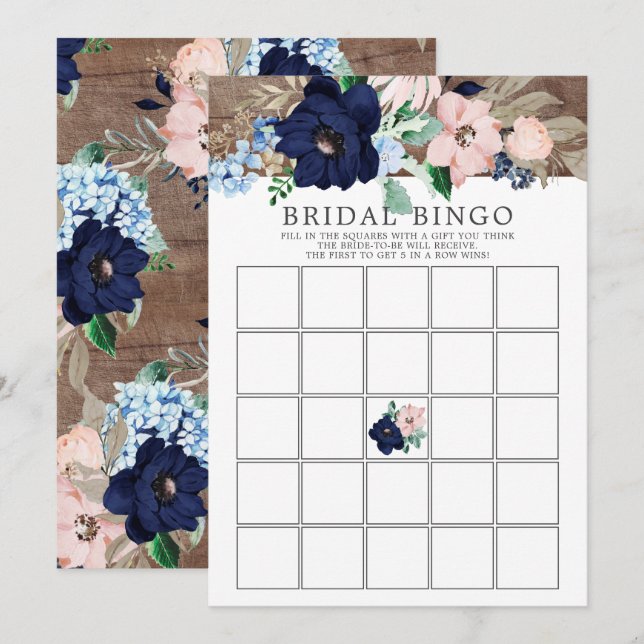 Navy & Blush Floral BINGO Bridal Shower Game Invitation (Front/Back)