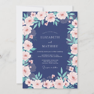 Navy Blush Floral Bouquet Wedding Invitation