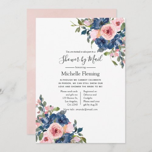 Navy  Blush Floral Bridal or Baby Shower by Mail Invitation
