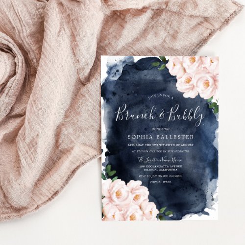 Navy  Blush Floral Bridal Shower Brunch  Bubbly Invitation