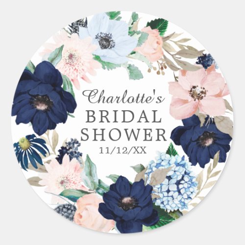 Navy  Blush Floral Bridal Shower Favor Sticker