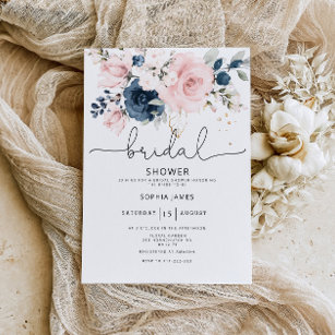 Navy blush floral bridal shower invitation
